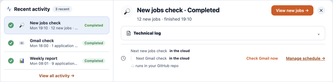Recent activity: a completed new jobs check with 12 new jobs