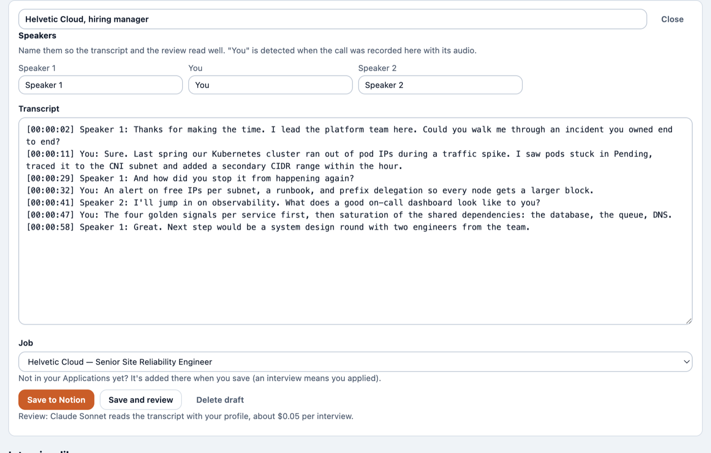 An interview transcript with speakers and the job it belongs to