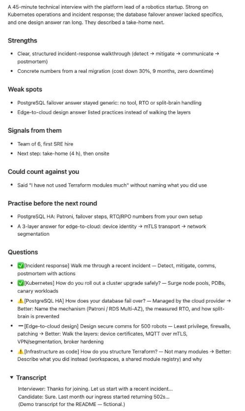 Notion page: interview review with strengths, weak spots, signals and every question