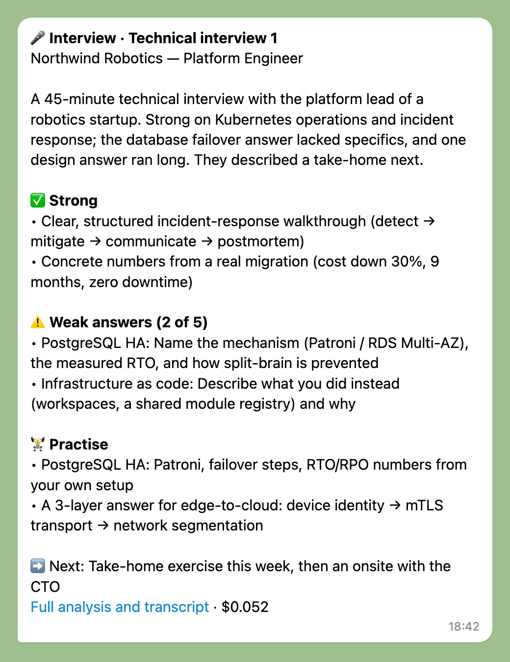 Telegram message: interview review with strong answers, weak answers and what to practise